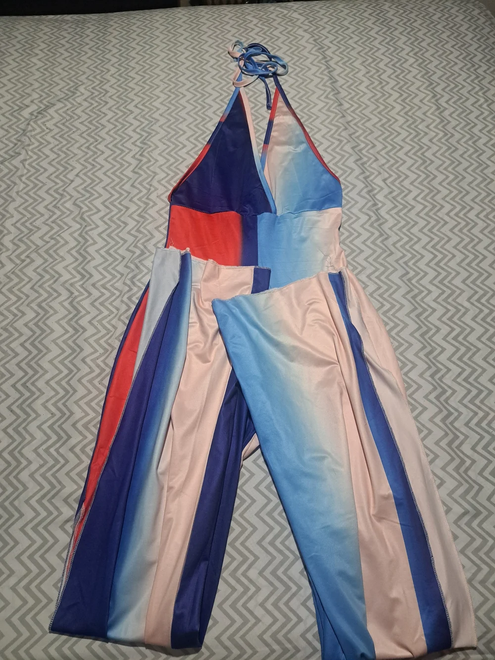 Colorblock Halter Wide-Leg Jumpsuit in Blue, Pink & Red